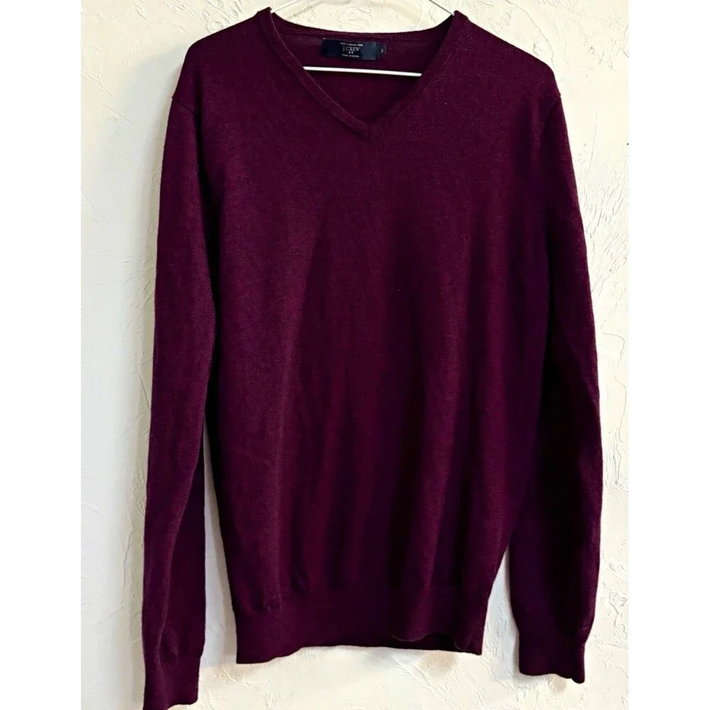 J.CREW Men's Merino Wool Knit V-Neck Pullover Sweater Burgundy Size M